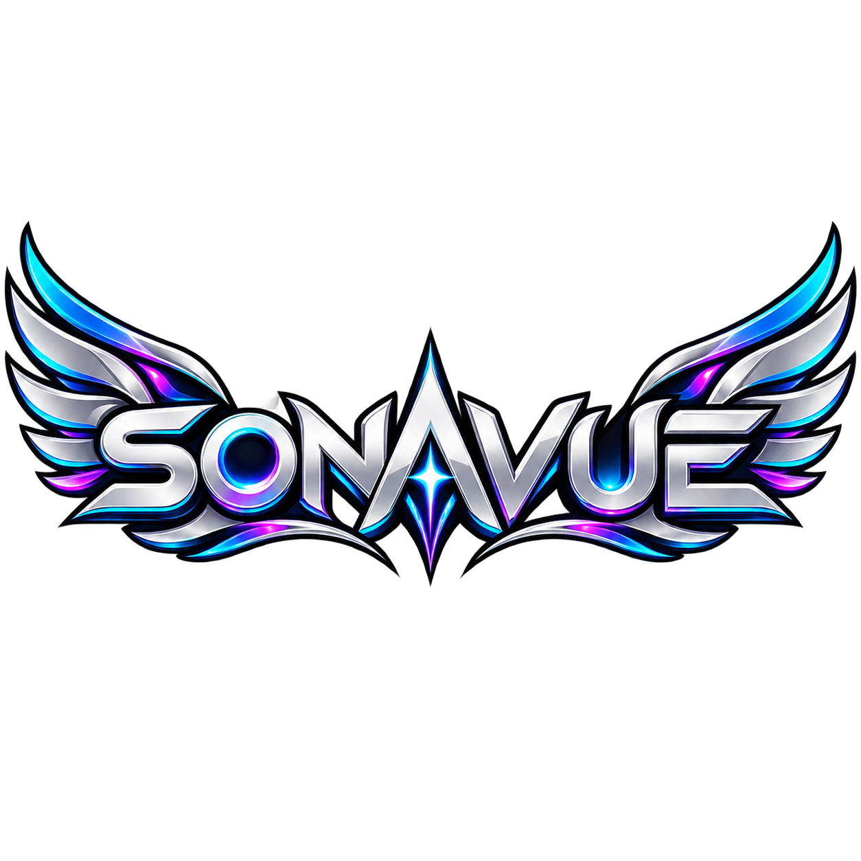 sonavue 银色金属字标,两侧展开蓝紫色羽翼